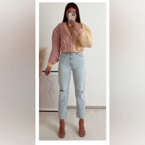 Zara Colorblock Cropped Sweater Size Medium Cottagecore Coastal Grandma - Picture 6 of 16